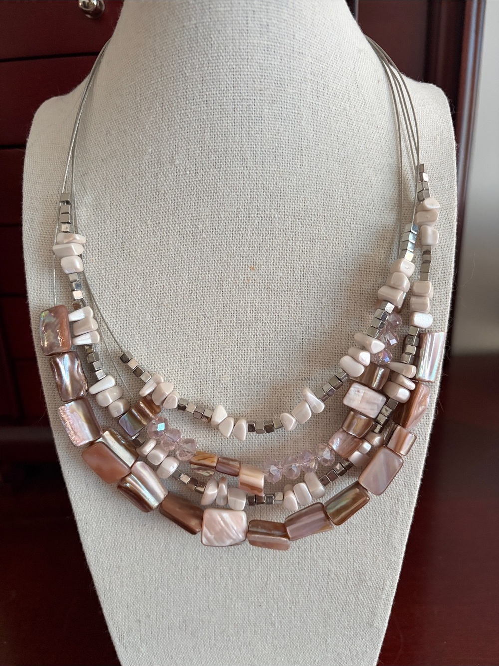 Multi-Strand Shell Glass Bead Necklace